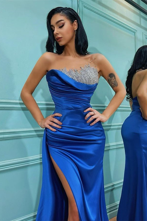 Strapless Sleeveless Split Royal Blue Mermaid Formal Dress With Beading