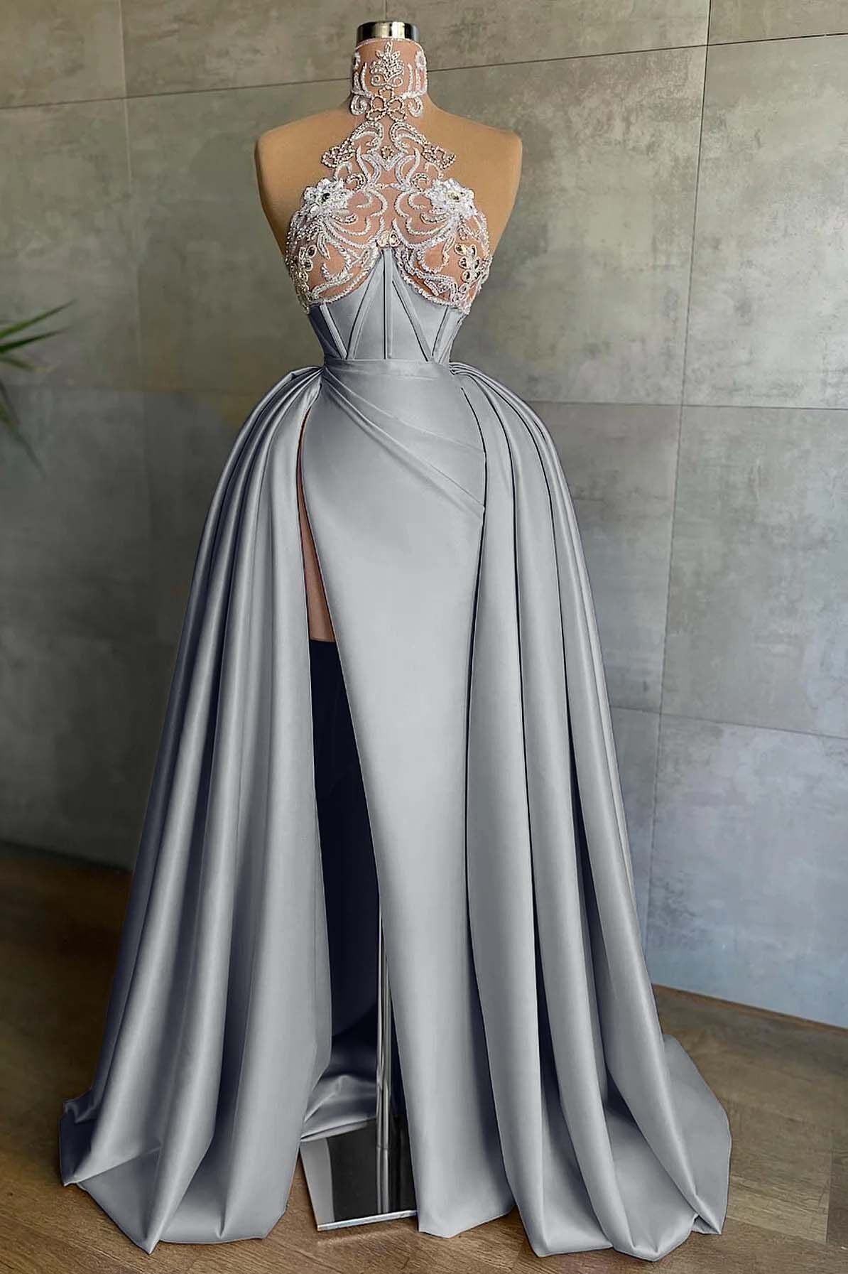 Halter Sleeveless Mermaid Split Long Formal Dress With Appliques