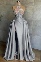 Halter Sleeveless Mermaid Split Long Formal Dress With Appliques