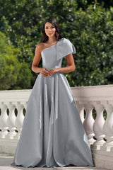 One Shoulder Sleeveless Long Formal Dress With Pleated Bowknot