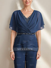 2 Mother of the Bride Pantsuits with V-Neck Ruched Detail Flutter Sleeves and Floor-Length Beading
