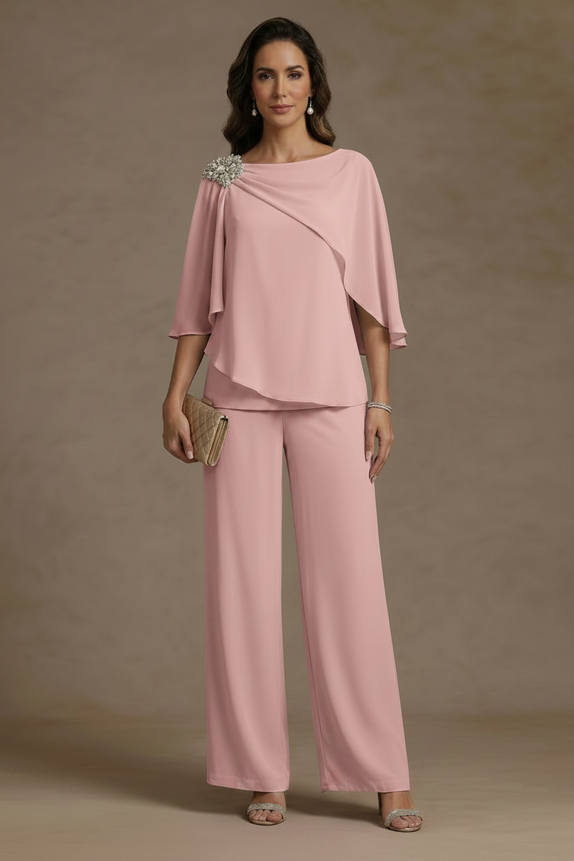 2 Piece Boat Neck Chiffon Mother of the Bride Pantsuits Cape Sleeves Ankle-Length Rhinestone