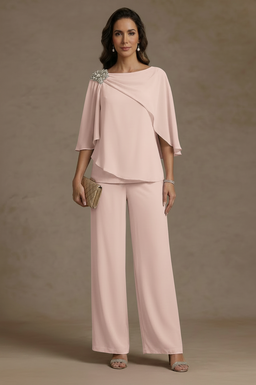 2 Piece Boat Neck Chiffon Mother of the Bride Pantsuits Cape Sleeves Ankle-Length Rhinestone