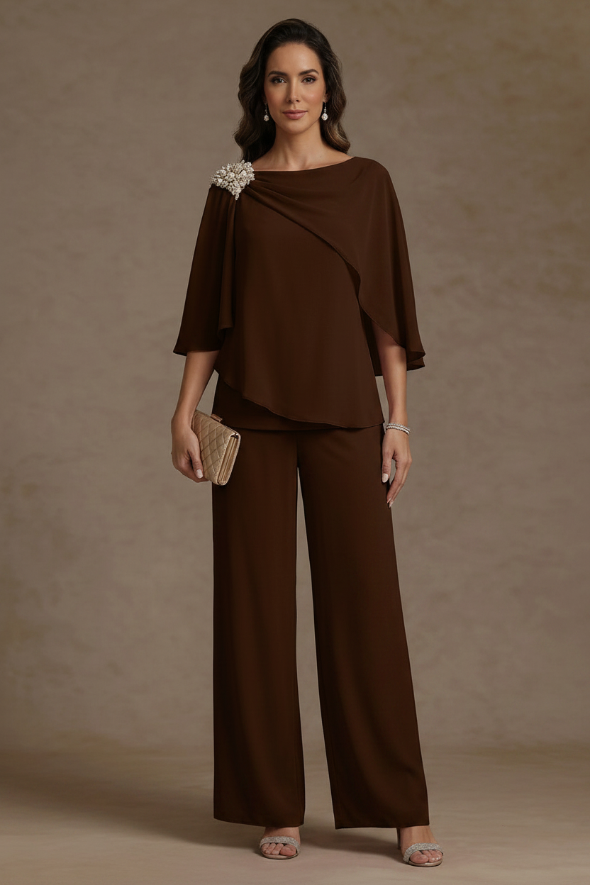 2 Piece Boat Neck Chiffon Mother of the Bride Pantsuits Cape Sleeves Ankle-Length Rhinestone