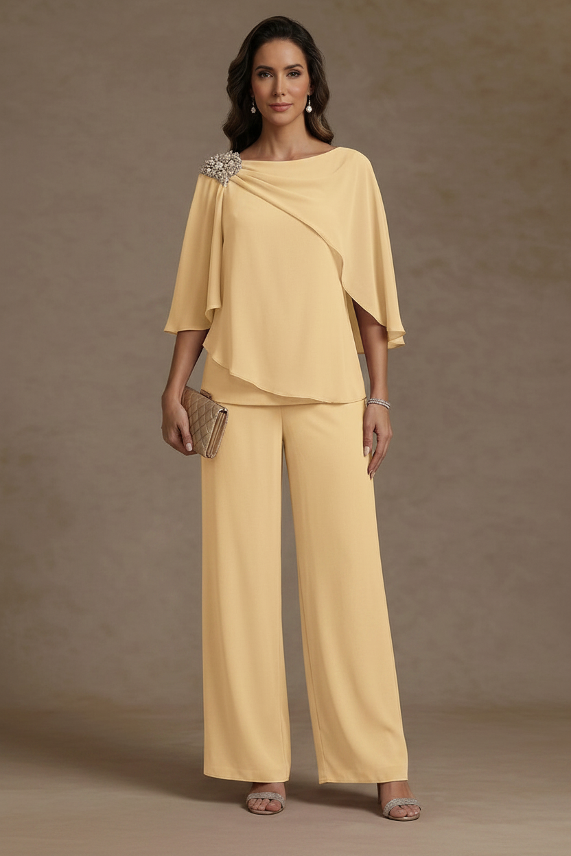 2 Piece Boat Neck Chiffon Mother of the Bride Pantsuits Cape Sleeves Ankle-Length Rhinestone