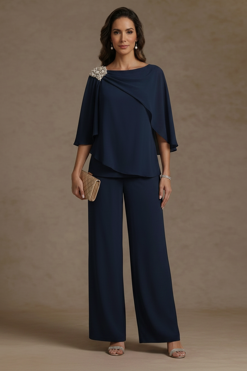 2 Piece Boat Neck Chiffon Mother of the Bride Pantsuits Cape Sleeves Ankle-Length Rhinestone