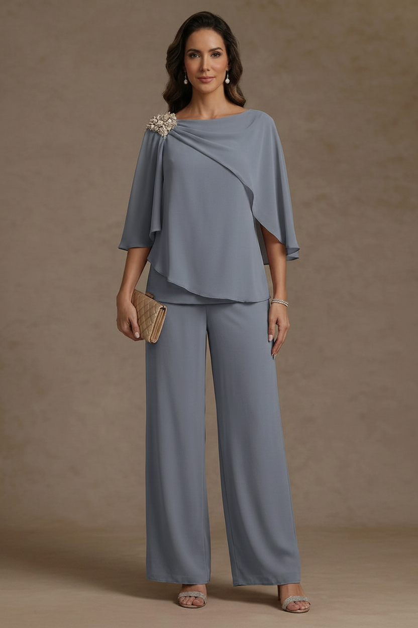 2 Piece Boat Neck Chiffon Mother of the Bride Pantsuits Cape Sleeves Ankle-Length Rhinestone