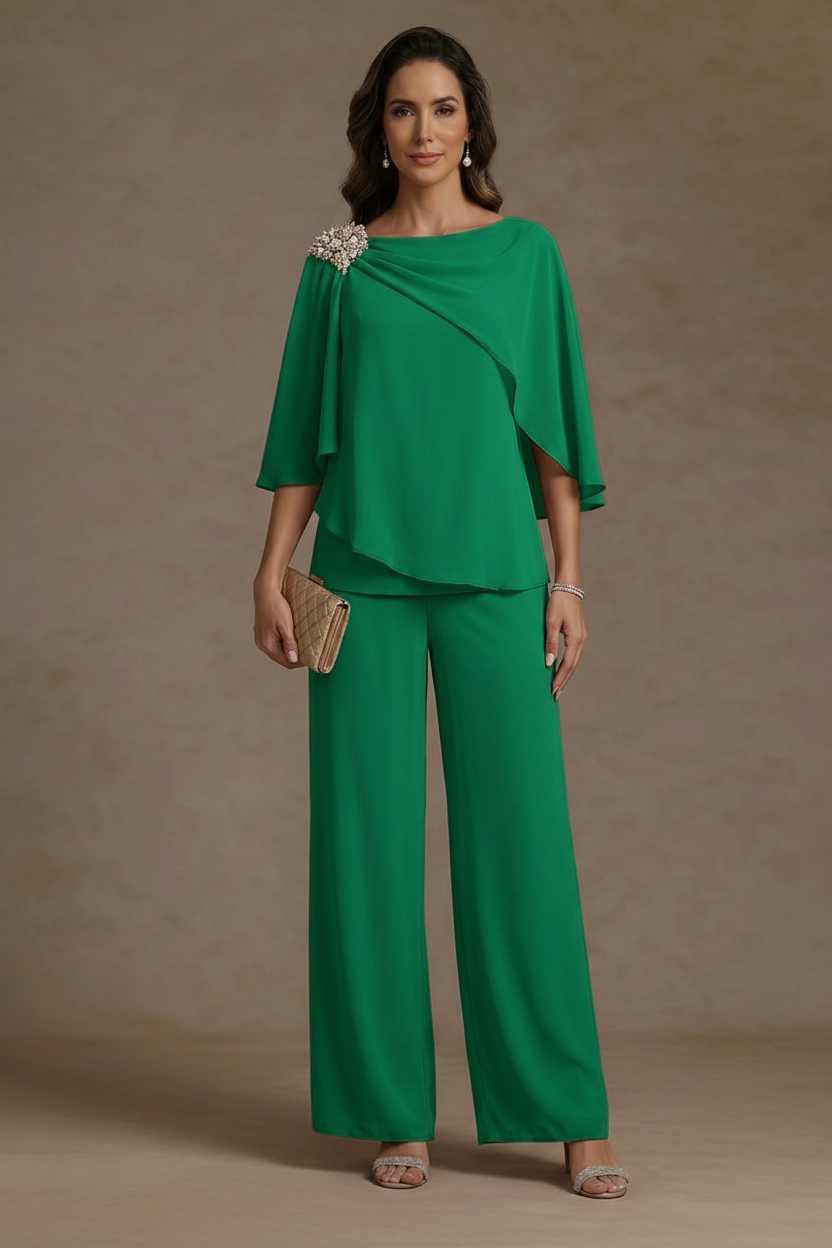 2 Piece Boat Neck Chiffon Mother of the Bride Pantsuits Cape Sleeves Ankle-Length Rhinestone