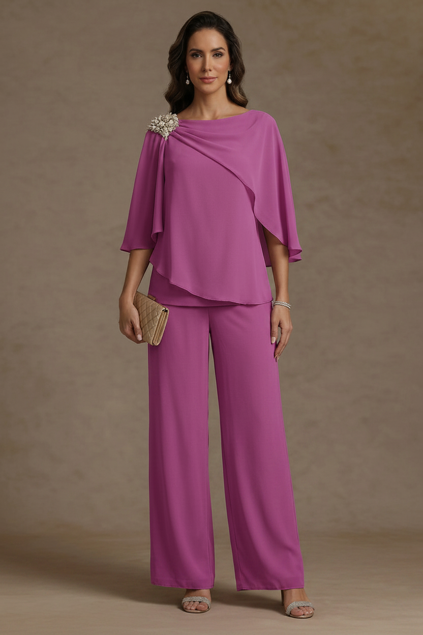 2 Piece Boat Neck Chiffon Mother of the Bride Pantsuits Cape Sleeves Ankle-Length Rhinestone