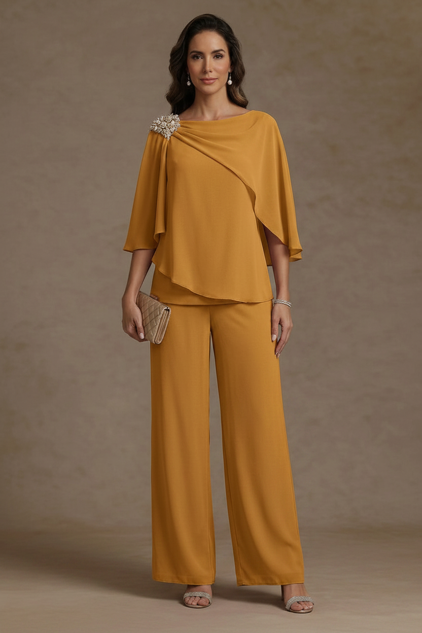 2 Piece Boat Neck Chiffon Mother of the Bride Pantsuits Cape Sleeves Ankle-Length Rhinestone