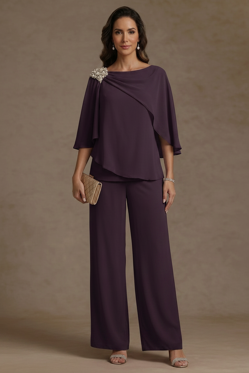 2 Piece Boat Neck Chiffon Mother of the Bride Pantsuits Cape Sleeves Ankle-Length Rhinestone