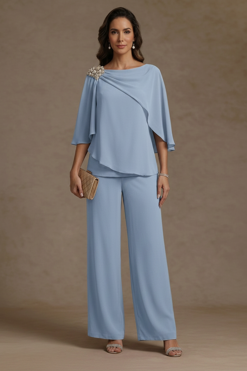 2 Piece Boat Neck Chiffon Mother of the Bride Pantsuits Cape Sleeves Ankle-Length Rhinestone