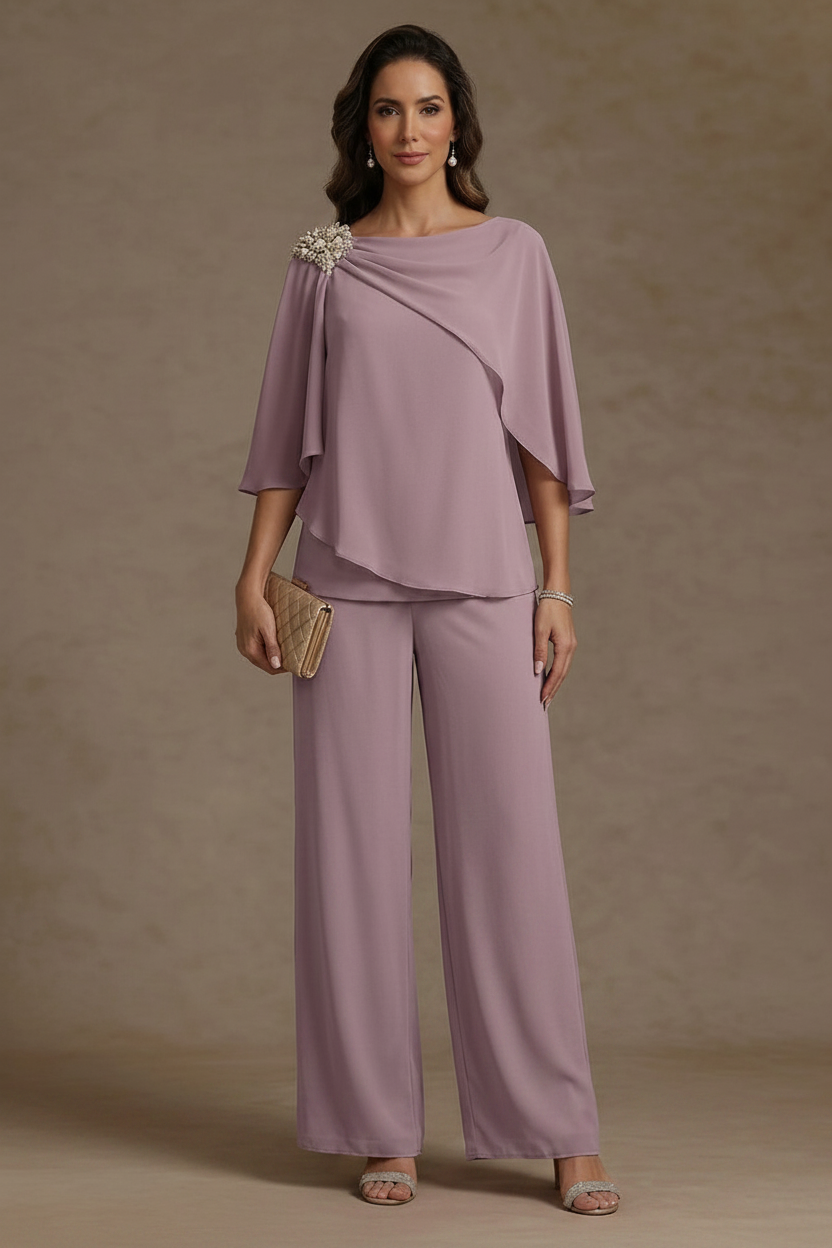 2 Piece Boat Neck Chiffon Mother of the Bride Pantsuits Cape Sleeves Ankle-Length Rhinestone