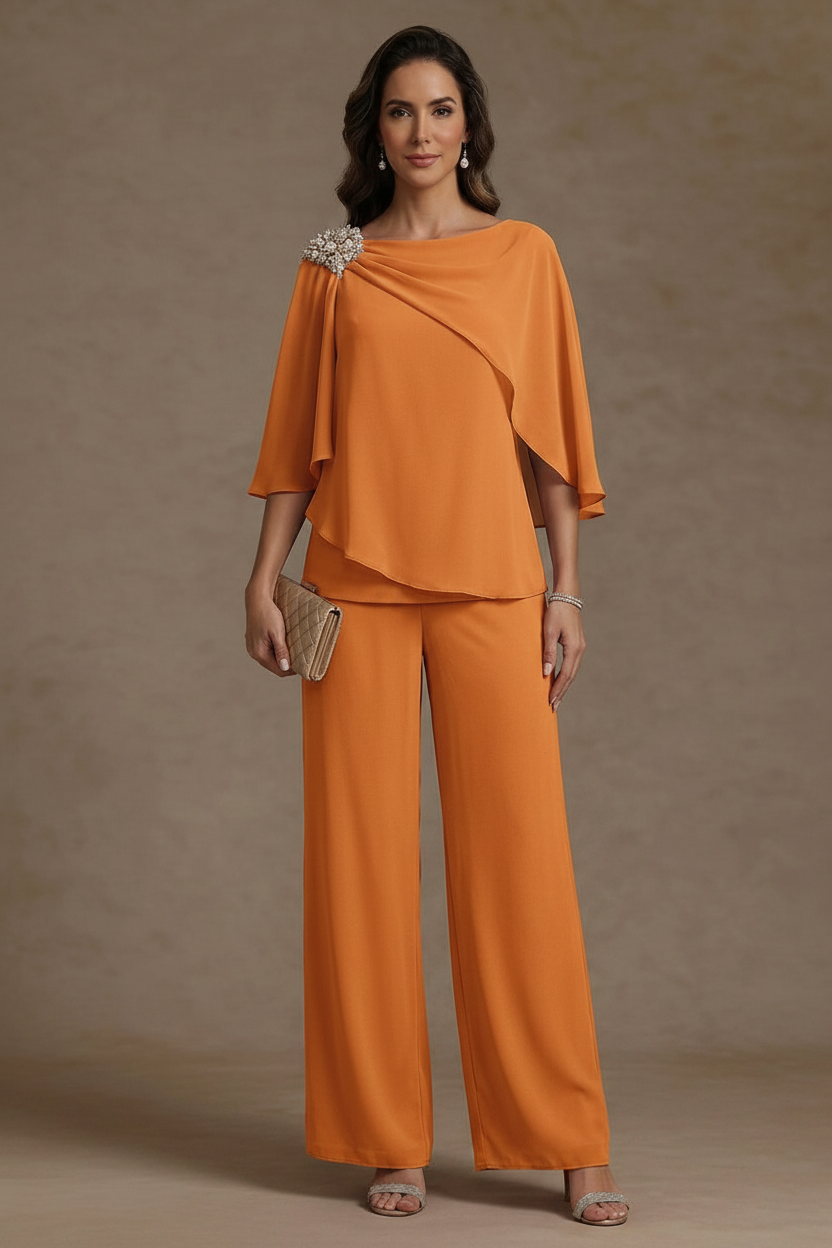 2 Piece Boat Neck Chiffon Mother of the Bride Pantsuits Cape Sleeves Ankle-Length Rhinestone