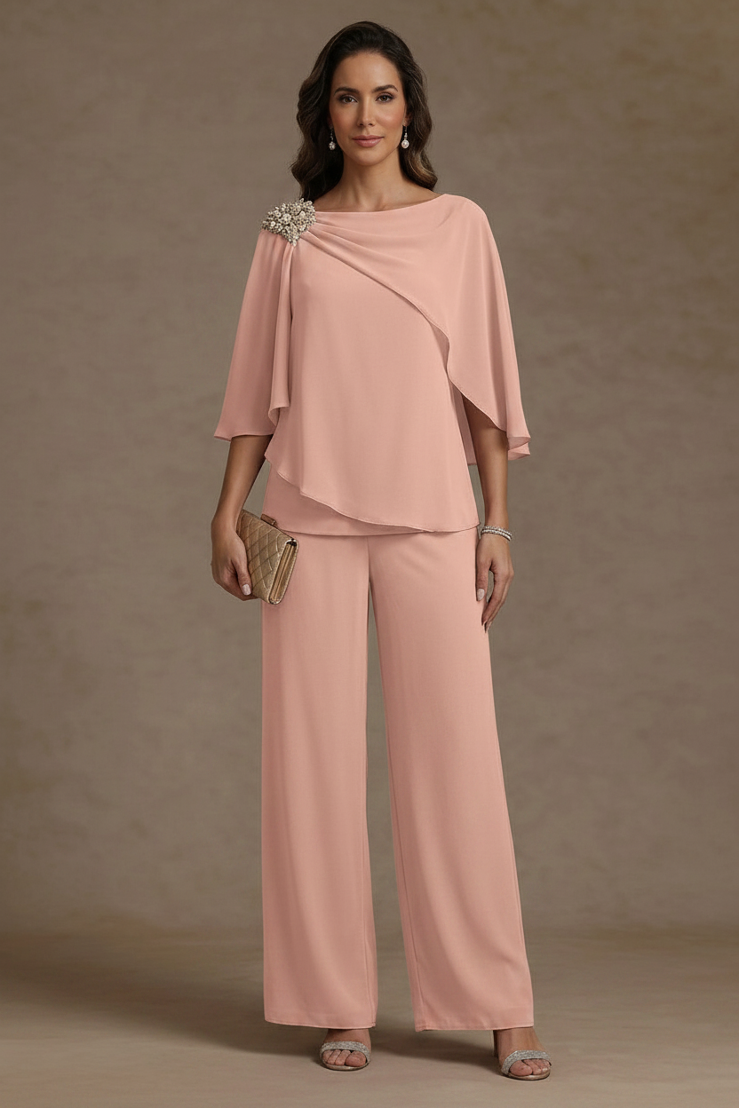 2 Piece Boat Neck Chiffon Mother of the Bride Pantsuits Cape Sleeves Ankle-Length Rhinestone