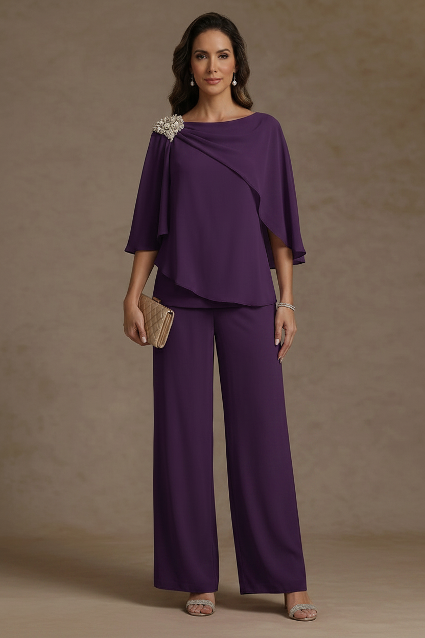 2 Piece Boat Neck Chiffon Mother of the Bride Pantsuits Cape Sleeves Ankle-Length Rhinestone