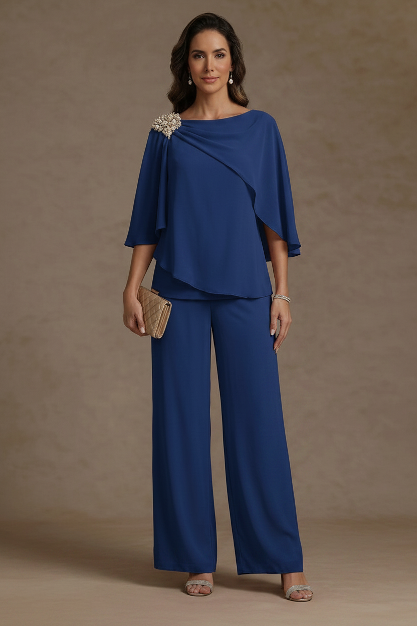 2 Piece Boat Neck Chiffon Mother of the Bride Pantsuits Cape Sleeves Ankle-Length Rhinestone