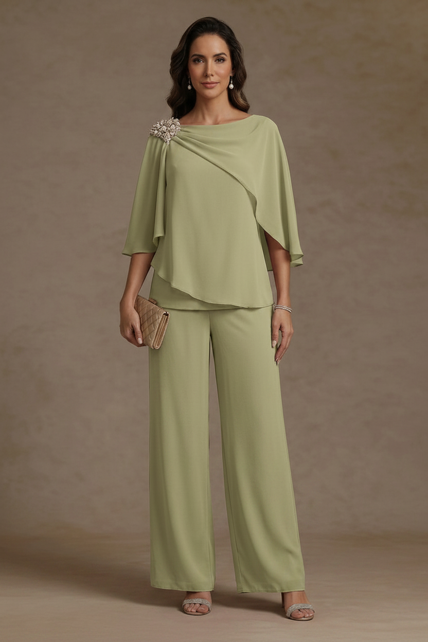 2 Piece Boat Neck Chiffon Mother of the Bride Pantsuits Cape Sleeves Ankle-Length Rhinestone