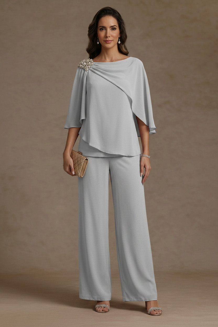 2 Piece Boat Neck Chiffon Mother of the Bride Pantsuits Cape Sleeves Ankle-Length Rhinestone