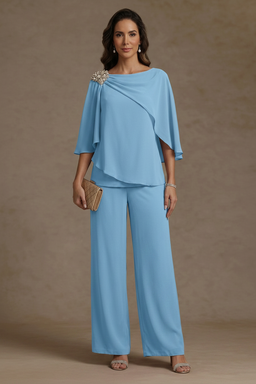 2 Piece Boat Neck Chiffon Mother of the Bride Pantsuits Cape Sleeves Ankle-Length Rhinestone