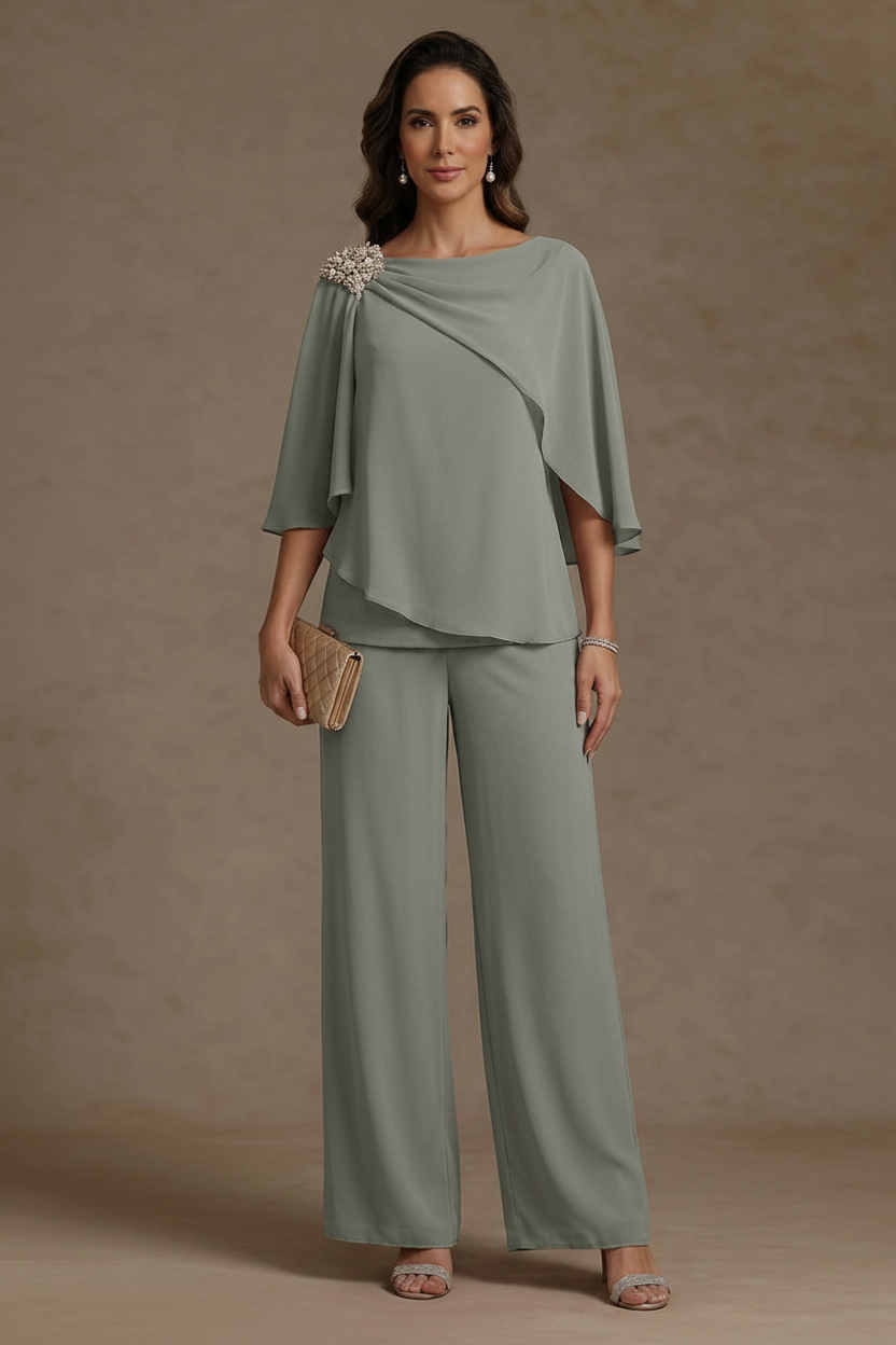 2 Piece Boat Neck Chiffon Mother of the Bride Pantsuits Cape Sleeves Ankle-Length Rhinestone