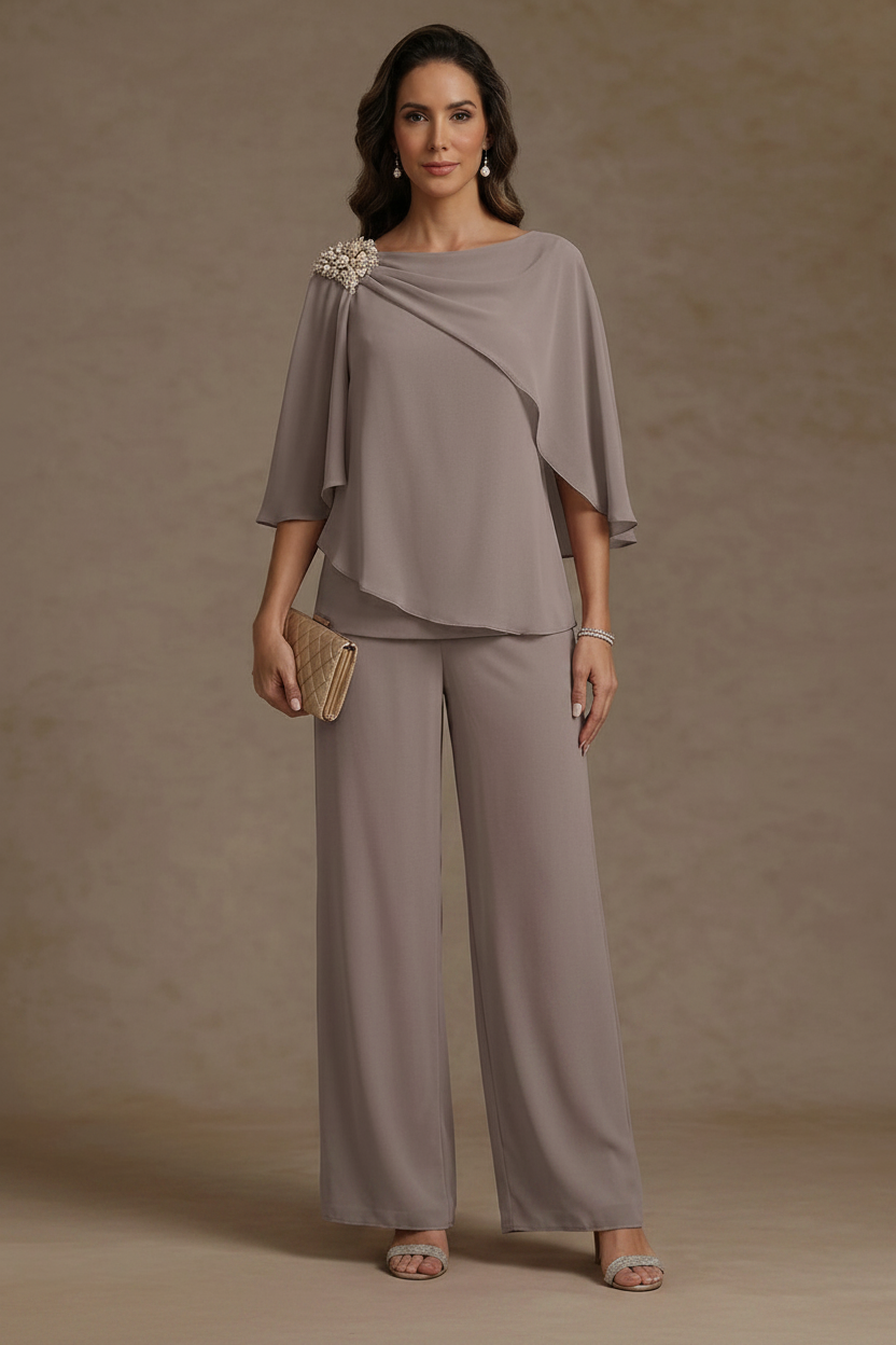 2 Piece Boat Neck Chiffon Mother of the Bride Pantsuits Cape Sleeves Ankle-Length Rhinestone