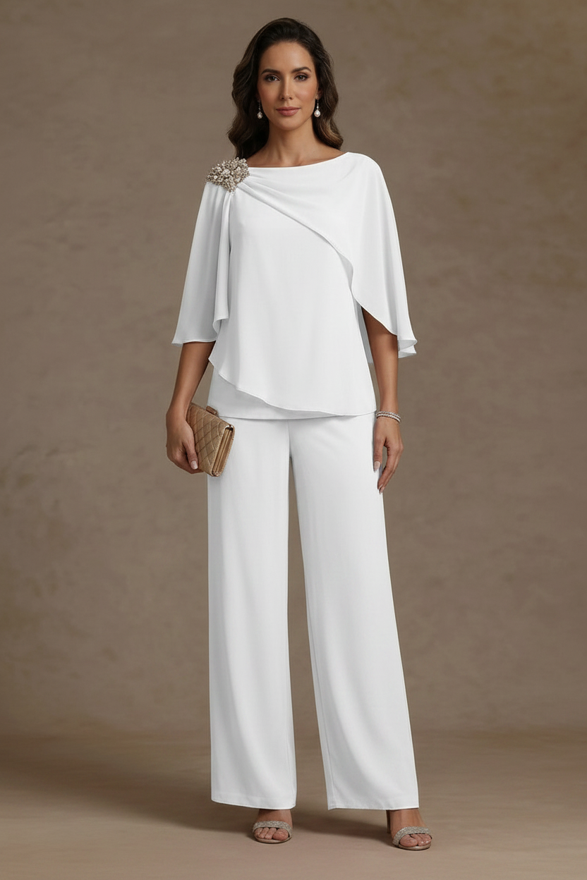 2 Piece Boat Neck Chiffon Mother of the Bride Pantsuits Cape Sleeves Ankle-Length Rhinestone