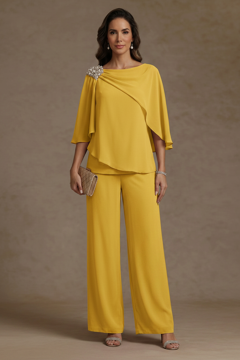 2 Piece Boat Neck Chiffon Mother of the Bride Pantsuits Cape Sleeves Ankle-Length Rhinestone