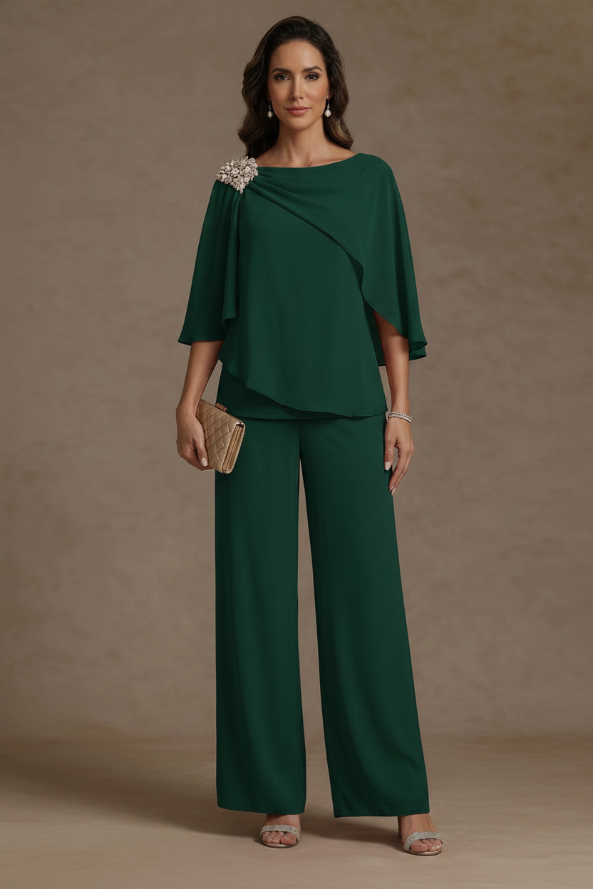 2 Piece Boat Neck Chiffon Mother of the Bride Pantsuits Cape Sleeves Ankle-Length Rhinestone