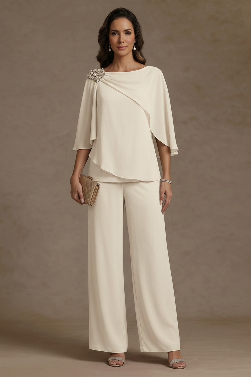 2 Piece Boat Neck Chiffon Mother of the Bride Pantsuits Cape Sleeves Ankle-Length Rhinestone