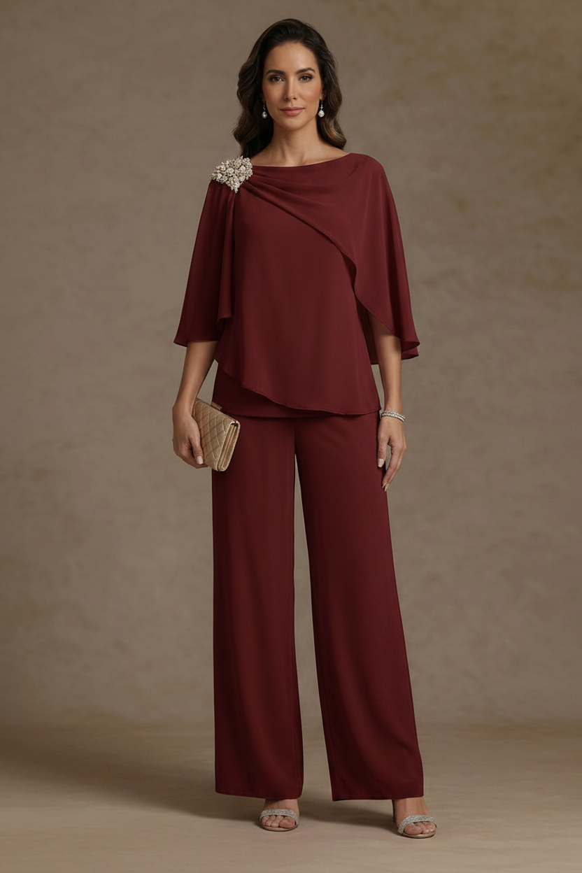 2 Piece Boat Neck Chiffon Mother of the Bride Pantsuits Cape Sleeves Ankle-Length Rhinestone