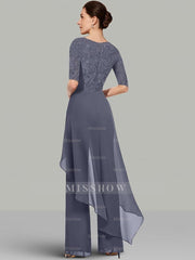 2-Piece Chiffon Mother of the Bride Pantsuit with Jewel Neck Half Sleeves and Floor-Length Design featuring Lace & Ruffles