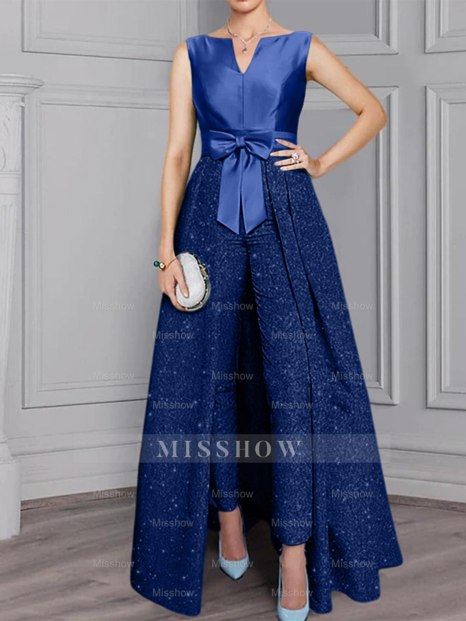 2-Piece Long-Sleeve Mother of the Bride Pantsuit with Sash and Sequins