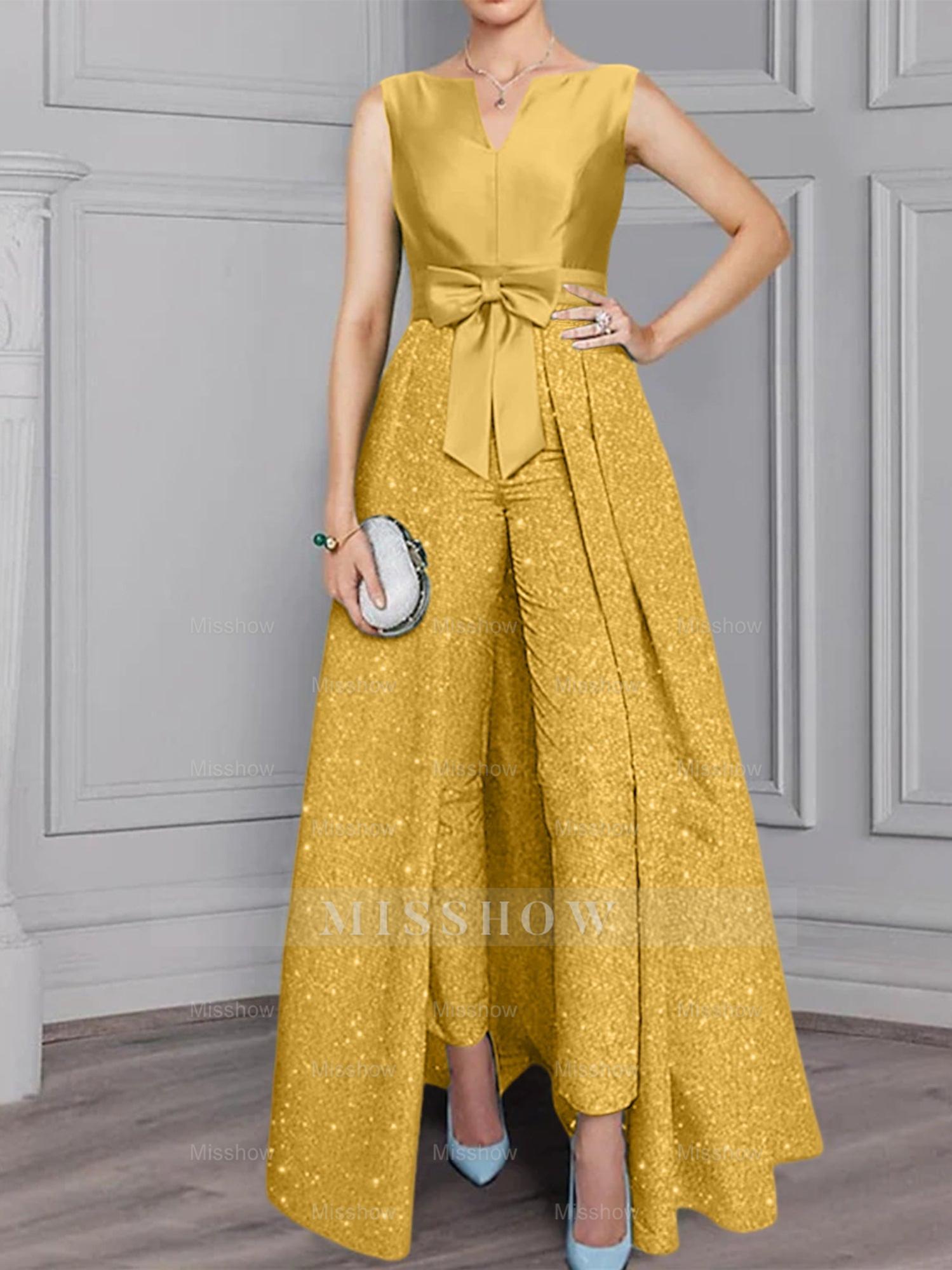 2-Piece Long-Sleeve Mother of the Bride Pantsuit with Sash and Sequins