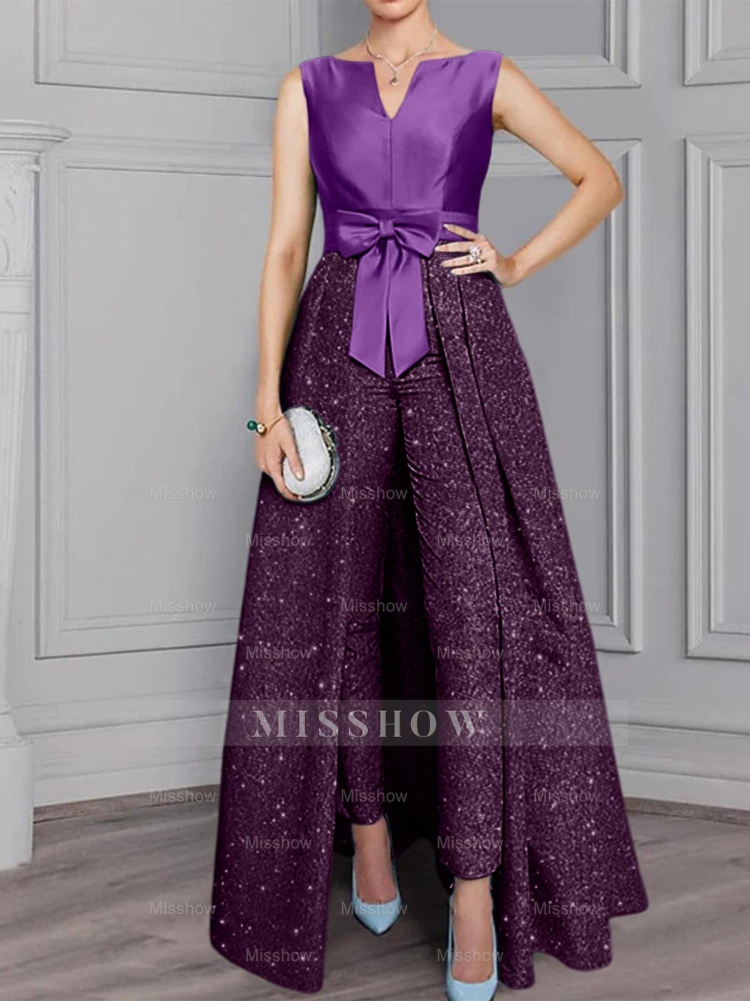 2-Piece Long-Sleeve Mother of the Bride Pantsuit with Sash and Sequins