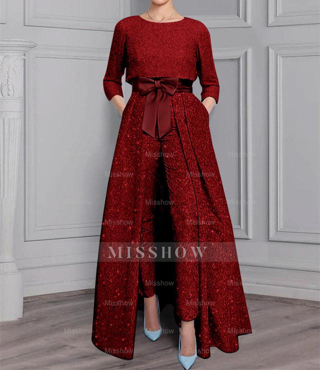 2-Piece Long-Sleeve Mother of the Bride Pantsuit with Sash and Sequins