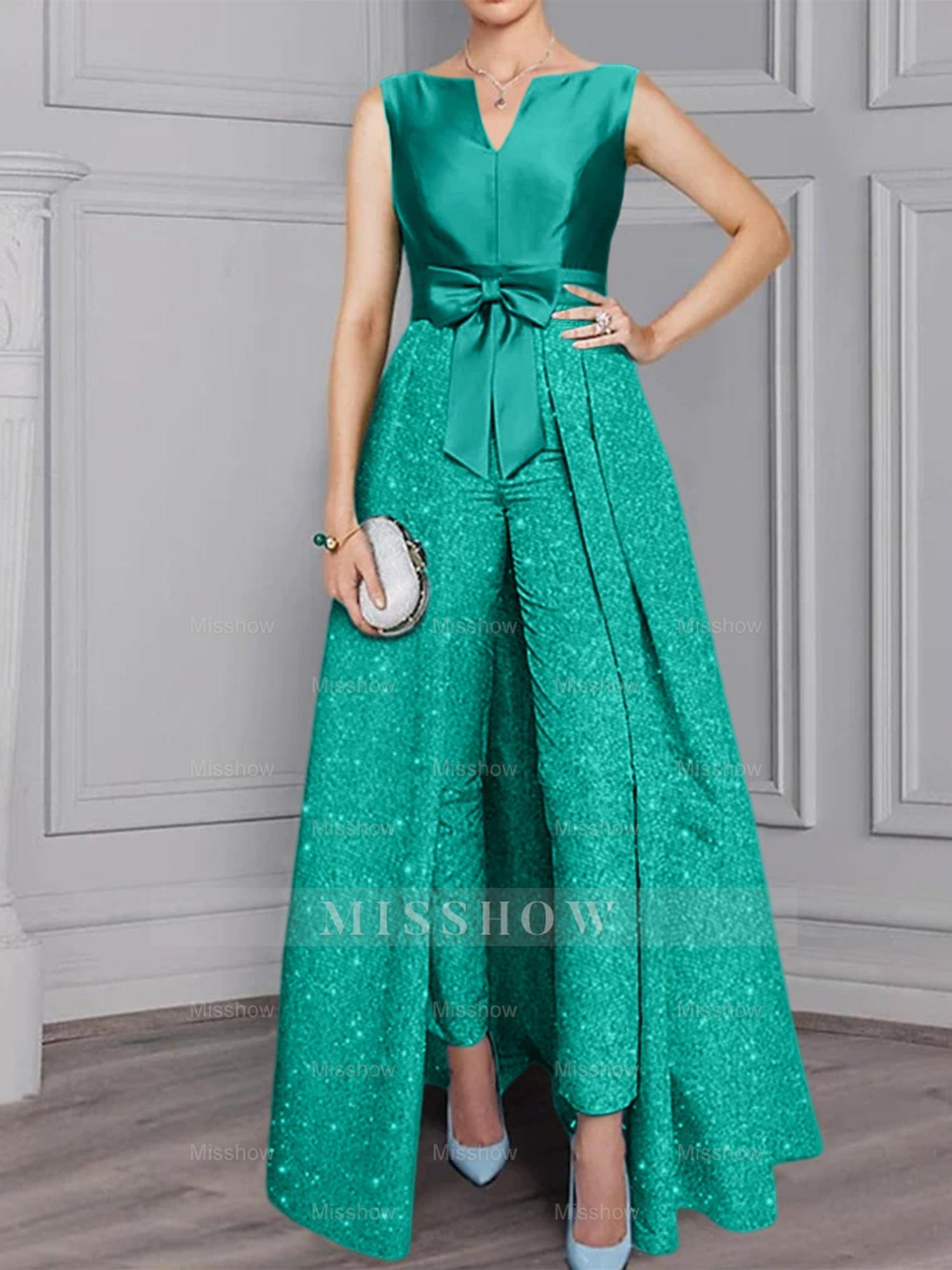 2-Piece Long-Sleeve Mother of the Bride Pantsuit with Sash and Sequins