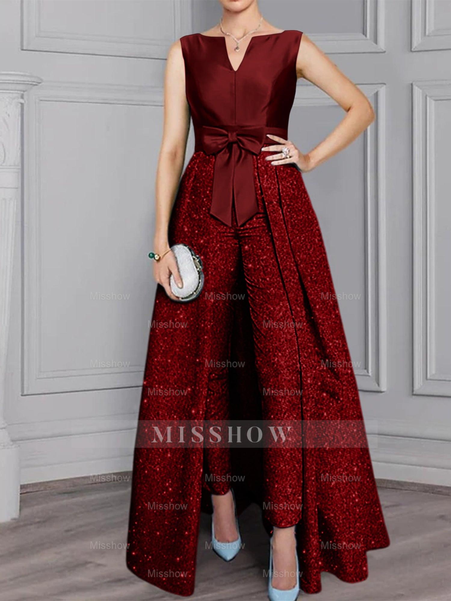 2-Piece Long-Sleeve Mother of the Bride Pantsuit with Sash and Sequins