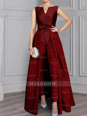 2-Piece Long-Sleeve Mother of the Bride Pantsuit with Sash and Sequins
