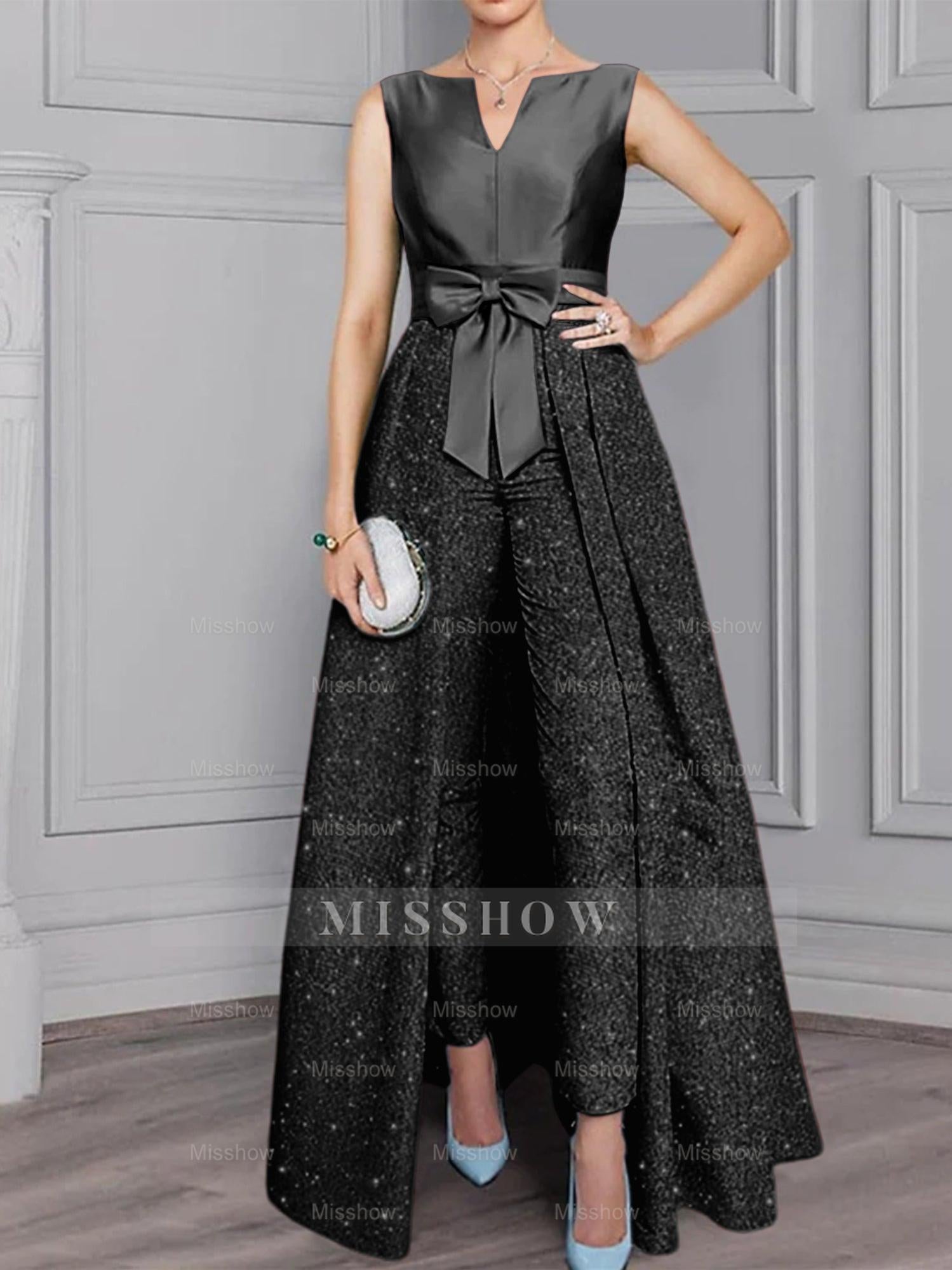 2-Piece Long-Sleeve Mother of the Bride Pantsuit with Sash and Sequins