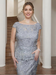 2-Piece Plus Size Mother of the Bride Scoop Neck Floor-Length Dresses with Appliques and Short Sleeves