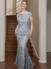 2-Piece Plus Size Mother of the Bride Scoop Neck Floor-Length Dresses with Appliques and Short Sleeves