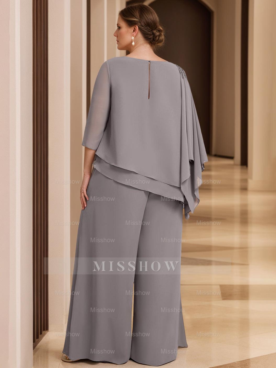 2-Piece Scoop Neck Chiffon Gown with 3/4 Sleeves and Beading for Plus-Size Mothers of the Bride