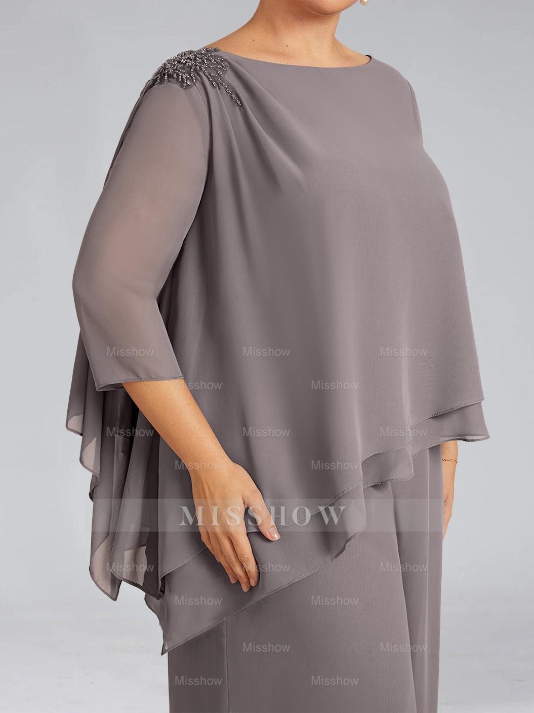 2-Piece Scoop Neck Chiffon Gown with 3/4 Sleeves and Beading for Plus-Size Mothers of the Bride