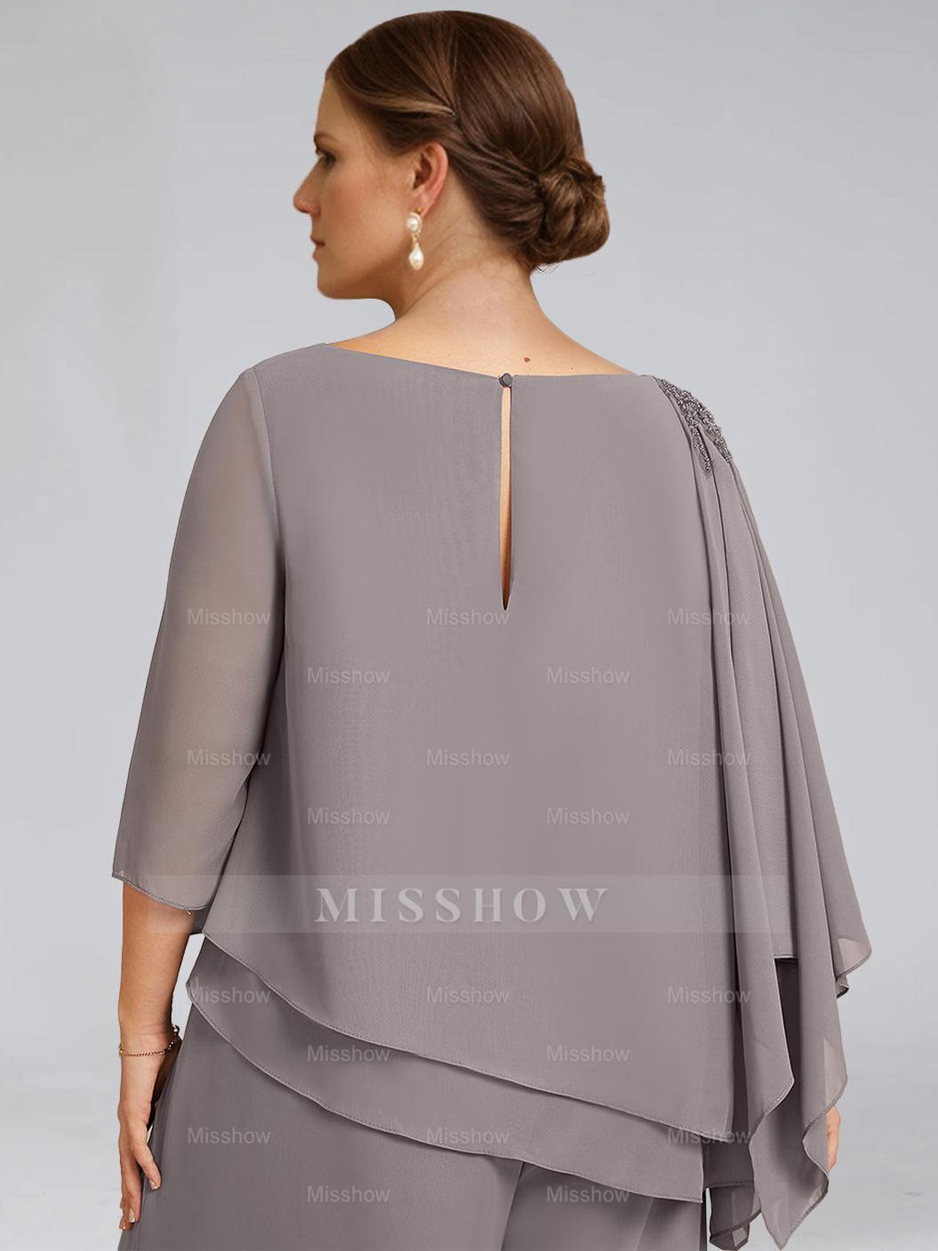 2-Piece Scoop Neck Chiffon Gown with 3/4 Sleeves and Beading for Plus-Size Mothers of the Bride