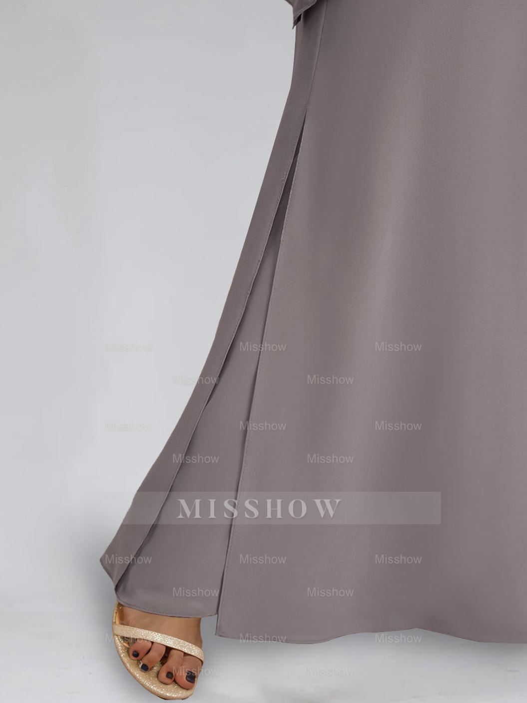 2-Piece Scoop Neck Chiffon Gown with 3/4 Sleeves and Beading for Plus-Size Mothers of the Bride