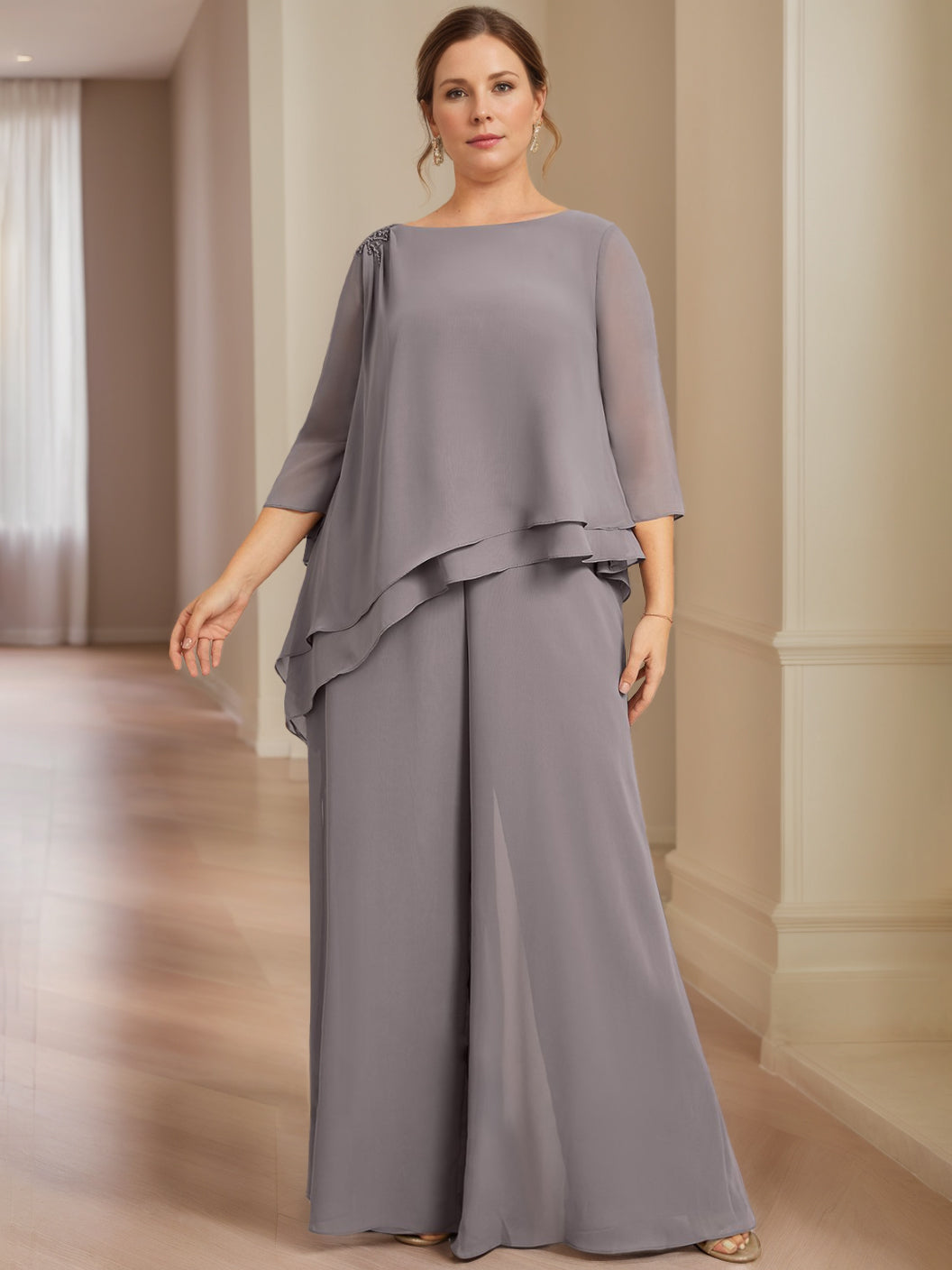 2-Piece Scoop Neck Chiffon Gown with 3/4 Sleeves and Beading for Plus-Size Mothers of the Bride