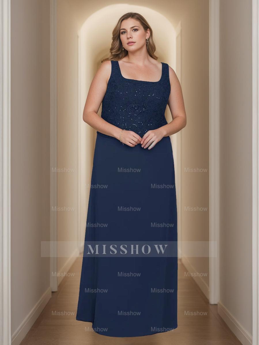 2-Piece Square Neck 3/4 Sleeve Floor-Length Mother of the Bride Dress Set with Jacket Lace & Sequins