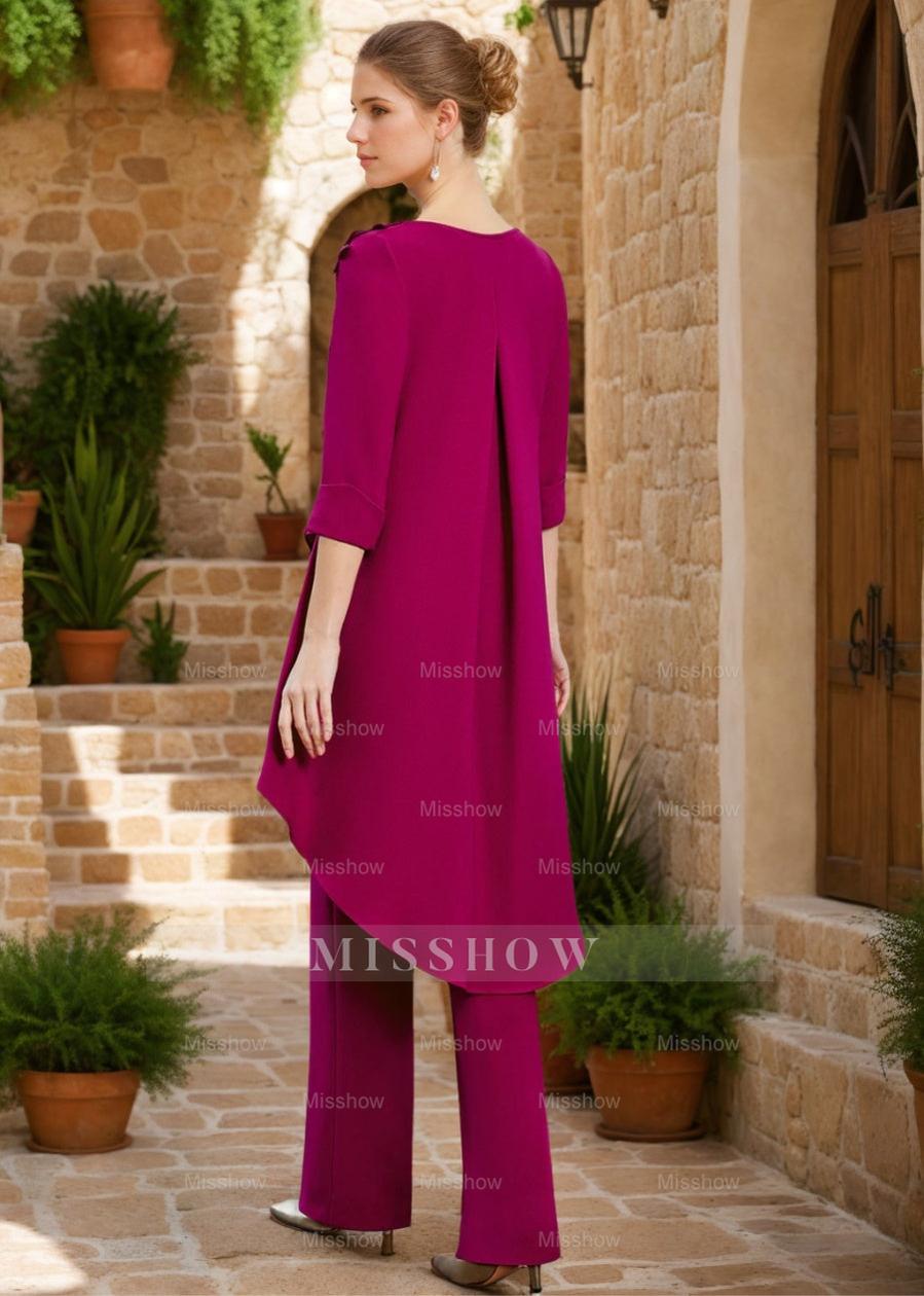 2-Piece V-Neck 3/4 Sleeve Floor-Length Ruffled Pantsuit with Jewel Embellishments for the Mother of the Bride