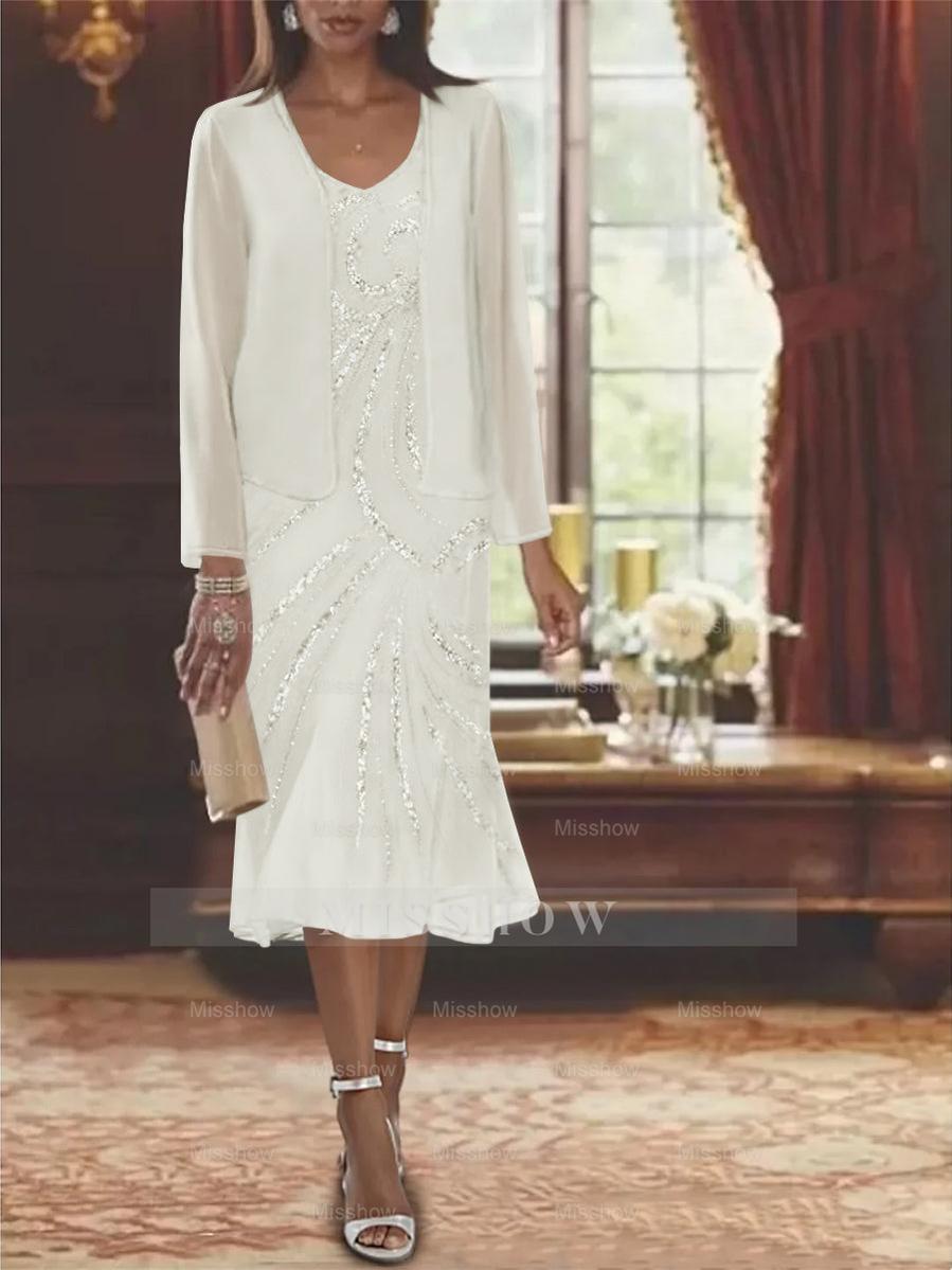 2-Piece V-Neck Chiffon Mother of the Bride Dress Set with Knee-Length Jacket and Sequins